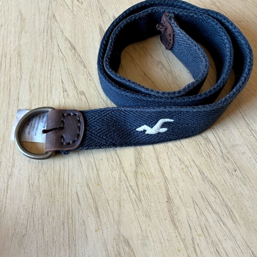 VTG Hollister Charcoal Black Belt Mens S/M Canvas Woven D-Ring Bird Logo Y2K